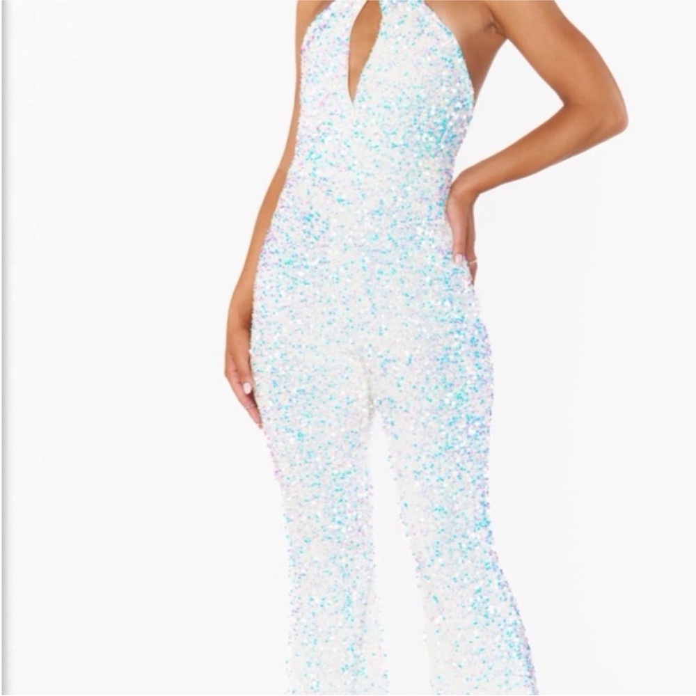 Show Me Your MuMu White Iridescent Sequin Halter Jumpsuit - Picture 4 of 5